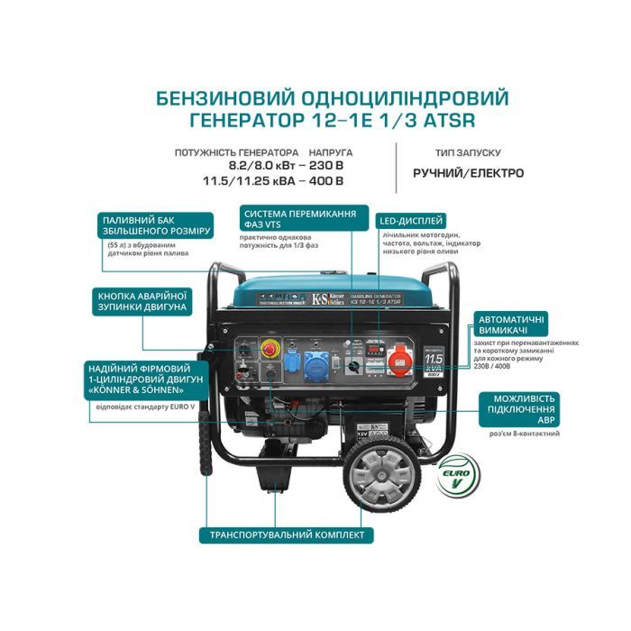 Генератор Konner&Sohnen KS 12-1E 1/3 ATSR, 230V/380V, 8.2/9.2kW, АВР (ATS), електростартер (KS12-1E1/3ATSR) изображение 4