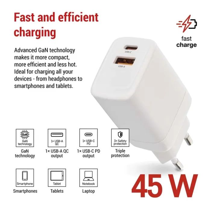 Зарядное устройство EMOS V04G45 1xUSB-A + 1xUSB-C PD20W GaN (V04G45) изображение 3