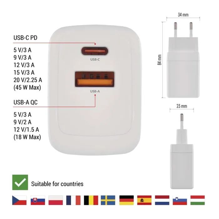 Зарядное устройство EMOS V04G45 1xUSB-A + 1xUSB-C PD20W GaN (V04G45) изображение 5