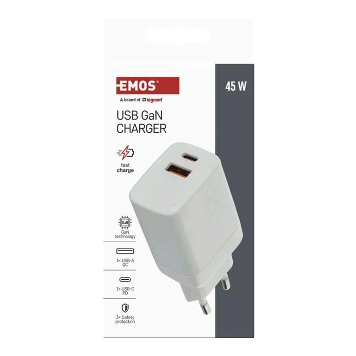Зарядное устройство EMOS V04G45 1xUSB-A + 1xUSB-C PD20W GaN (V04G45) изображение 6