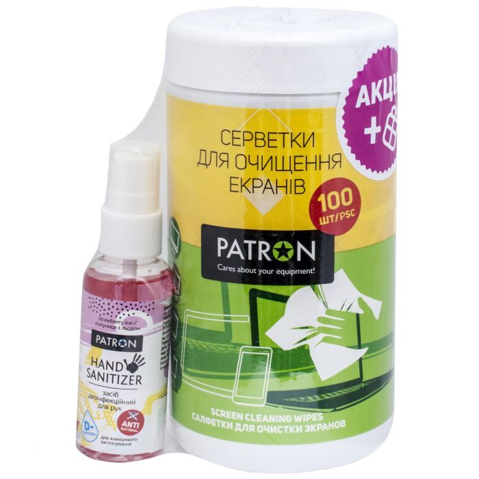 Универсальный чистящий набор Patron Screen wipes 100pcs F3-027 + Hand sanitizer 50ml (CS-PN-F3-050-2)