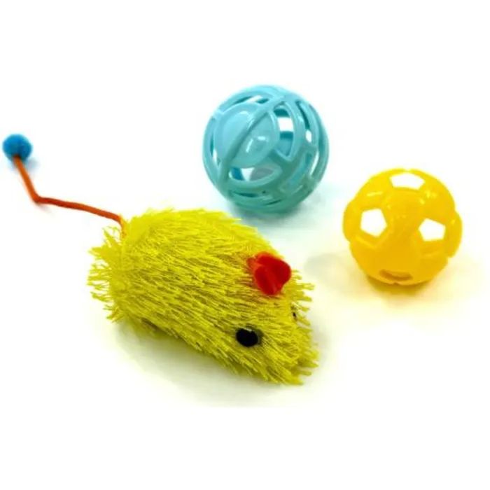 Игрушка для кошек Hippie Pet Мишка та два м'ячика, жовтий і синій (HIPSET2303001)