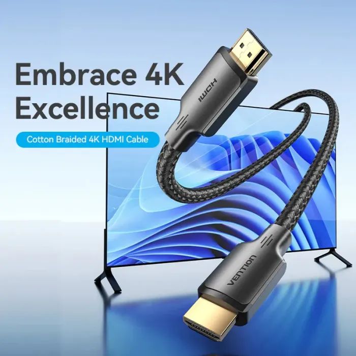 Кабель мультимедийный HDMI M to HDMI M 2.0m 4K60Hz cotton braided black Vention (ALLBH) изображение 2