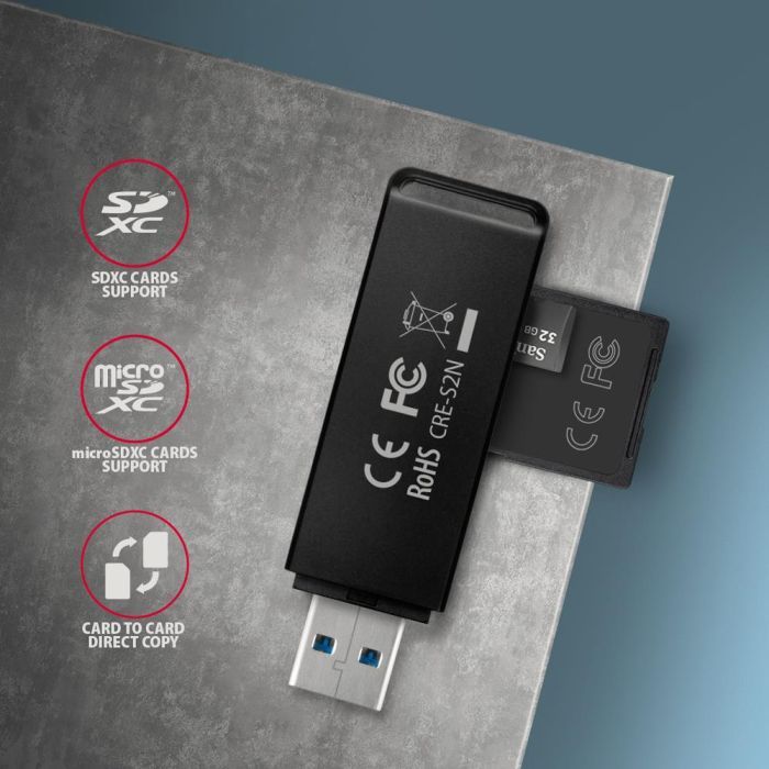Зчитувач флеш-карт AXAGON USB-A 3.2 to SD/microSD 5Gbps black (CRE-S2N) зображення 5