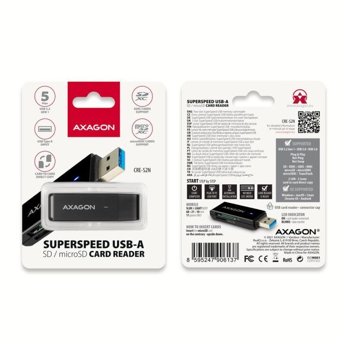 Зчитувач флеш-карт AXAGON USB-A 3.2 to SD/microSD 5Gbps black (CRE-S2N) зображення 9