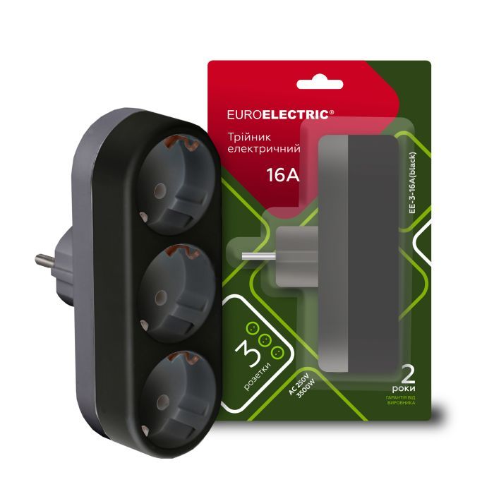 Сетевой разветвитель EUROELECTRIC X3 16А Black с заземлением (EE-3-16A(black))