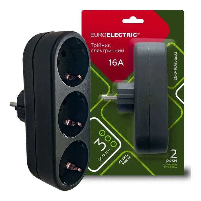 Сетевой разветвитель EUROELECTRIC X3 16А Black с заземлением (EE-3-16A(black)) изображение 2