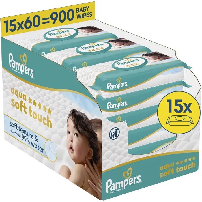 Детские влажные салфетки Pampers Aqua Soft Touch 15x60 шт (900 шт) (8006530140232)