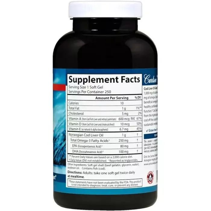 Жирні кислоти Carlson Жир із Печені Норвезької Тріски, 1000 мг, Cod Liver Oil, 250 (CAR-01302) зображення 2