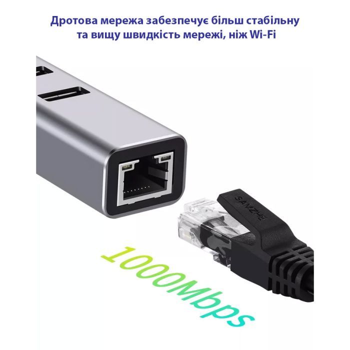 Концентратор USB 3.0 Type-C/Type-A to RJ45 Gigabit Lan, 3*USB 3.0, cable 13 cm Dynamode (DM-AD-GLAN-U3) зображення 4