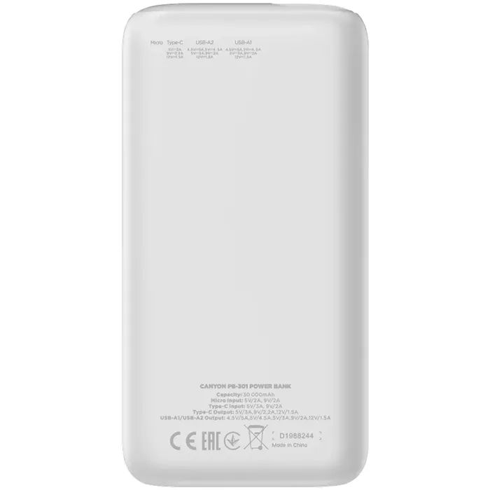 Батарея универсальная Canyon PB-301 30000mAh PD/20W, QC/3.0 (CNE-CPB301B) изображение 3