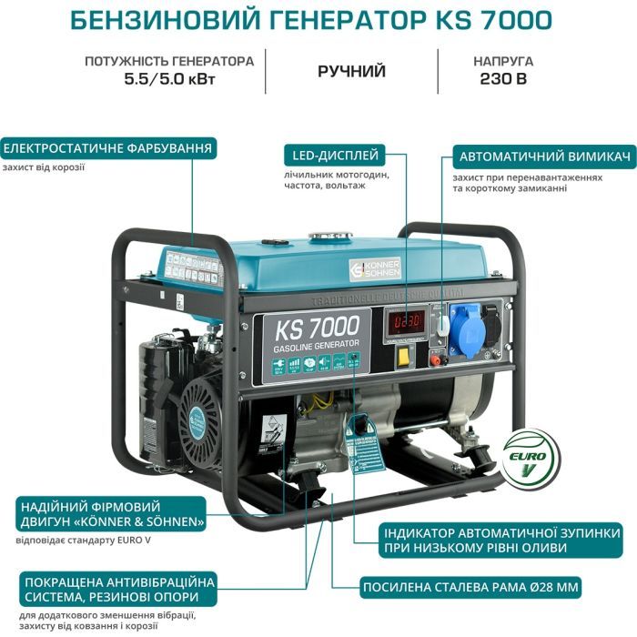 Генератор Konner&Sohnen KS 7000, 230V, 5.5kW, 12/8.3А, ручний запуск (KS7000) зображення 9