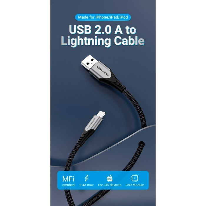 Дата кабель USB 2.0 AM to Lightning 2.0m 2.4A Aluminum Alloy Purple Vention (LABVH) изображение 2