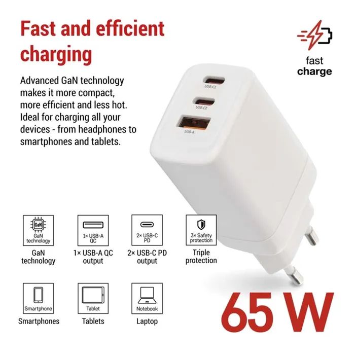 Зарядное устройство EMOS V05G65 1xUSB-A + 2xUSB-C PD65W GaN (V05G65) изображение 3