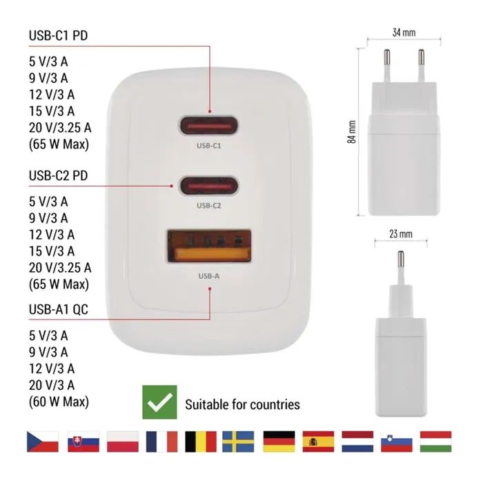 Зарядное устройство EMOS V05G65 1xUSB-A + 2xUSB-C PD65W GaN (V05G65) изображение 5