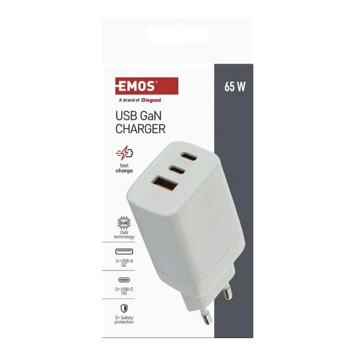 Зарядное устройство EMOS V05G65 1xUSB-A + 2xUSB-C PD65W GaN (V05G65) изображение 6