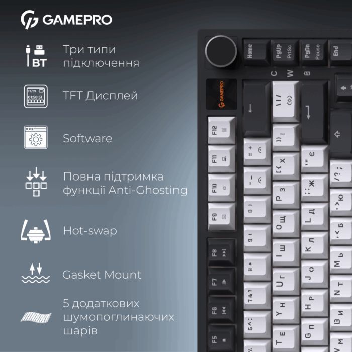 Клавіатура GamePro Asgard Valhalla Pro MK160B-D-Pro Rainy Switch Wireless/Bluetooth/USB UA Black (MK160B-D-Pro) зображення 11