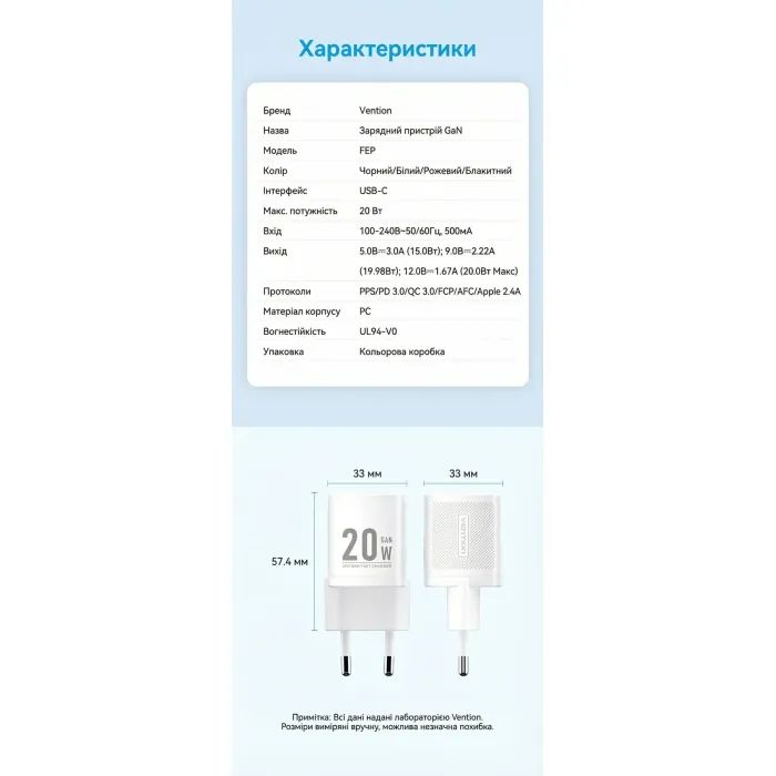 Зарядний пристрій Vention USB-C PD20W GaN white (FEPW0-EU) зображення 10