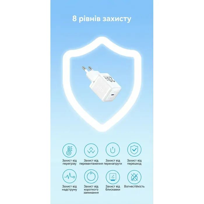 Зарядний пристрій Vention USB-C PD20W GaN white (FEPW0-EU) зображення 9