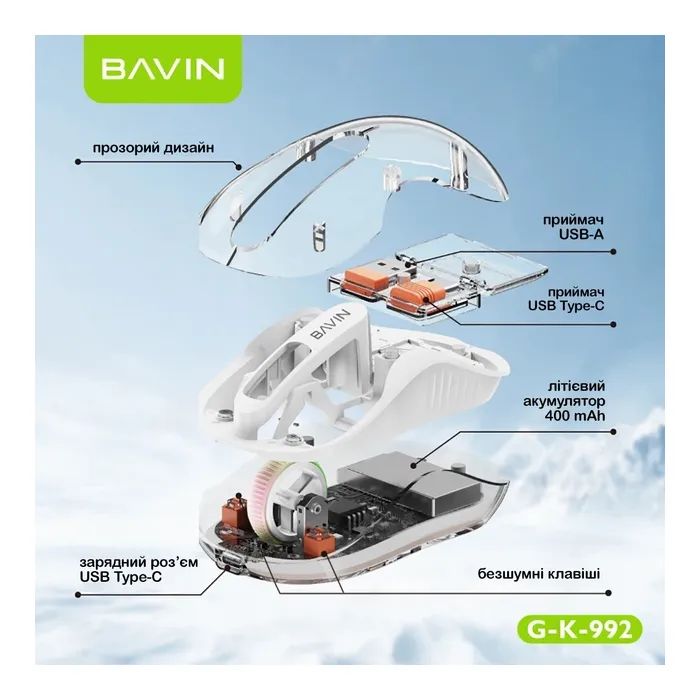 Мишка BAVIN G-K-992 RGB Wireless/Bluetooth White (G-K-992-WH) зображення 8