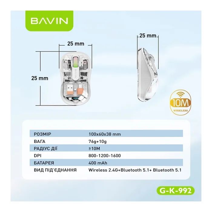 Мишка BAVIN G-K-992 RGB Wireless/Bluetooth White (G-K-992-WH) зображення 9