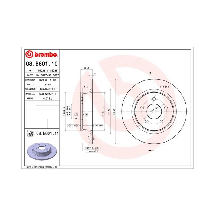 Гальмівний диск Brembo 08.B601.10