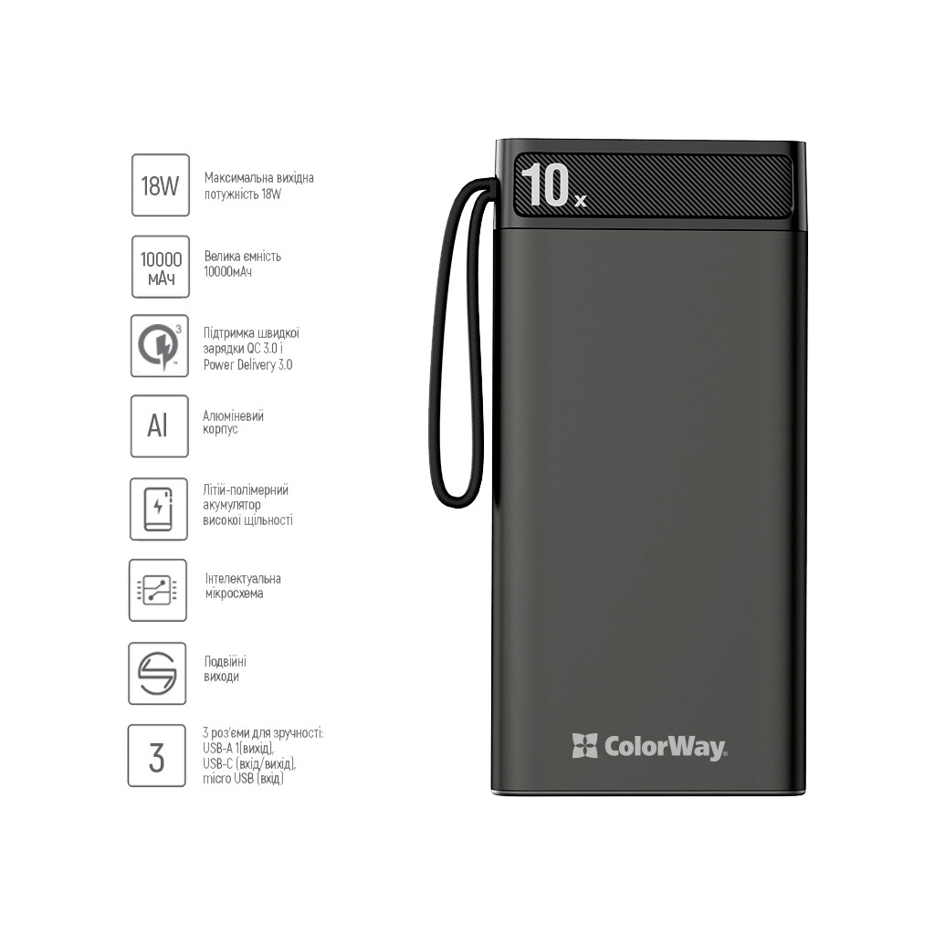 Батарея універсальна ColorWay 10 000 mAh Metal case (USB QC3.0 + USB-C Power Delivery 18W) (CW-PB100LPI2BK-PDD) зображення 3