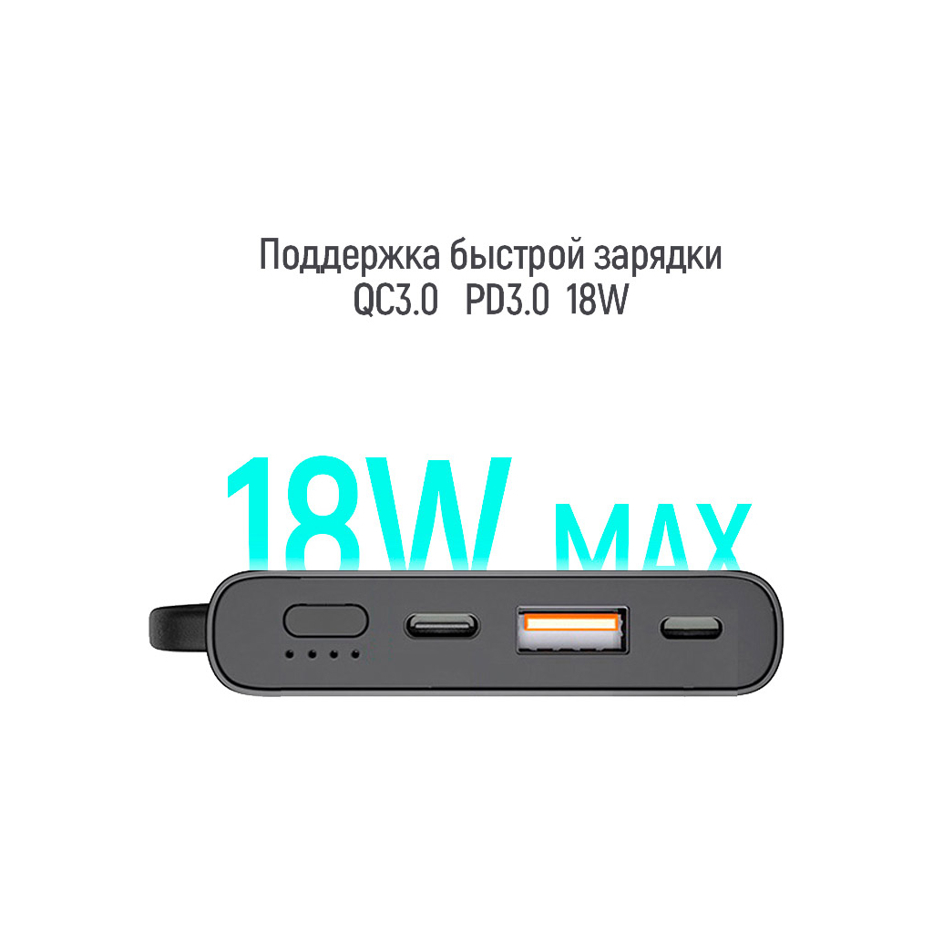 Батарея універсальна ColorWay 10 000 mAh Metal case (USB QC3.0 + USB-C Power Delivery 18W) (CW-PB100LPI2BK-PDD) зображення 5