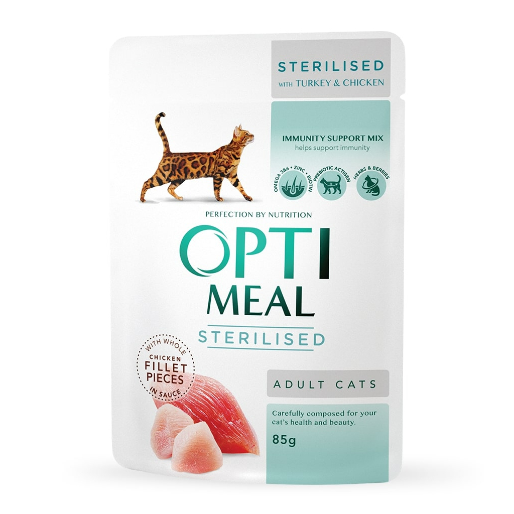 Влажный корм для кошек Optimeal для стерилизованных с индейкой и куриным филе в соусе 85 г (4820083906015)
