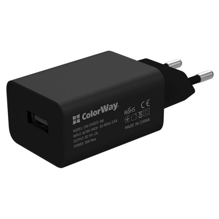 Зарядное устройство ColorWay 1USB AUTO ID 2A (10W) black + cable Type C (CW-CHS012CC-BK)
