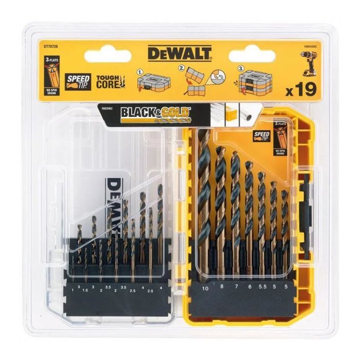 Набор сверл DeWALT по металлу Black&Gold HSS-G, 19 шт, кейс Tough Case (DT70728) изображение 2