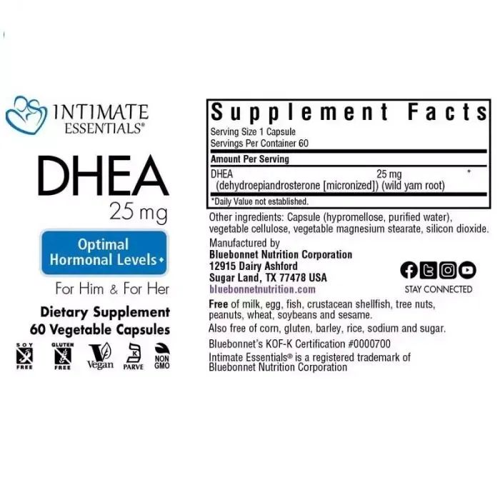 Вітамінно-мінеральний комплекс Bluebonnet Nutrition Дегідроепіандростерон, 25 мг, Intimate Essenitals, DHEA, 60 вегетарі (BLB4016) зображення 3