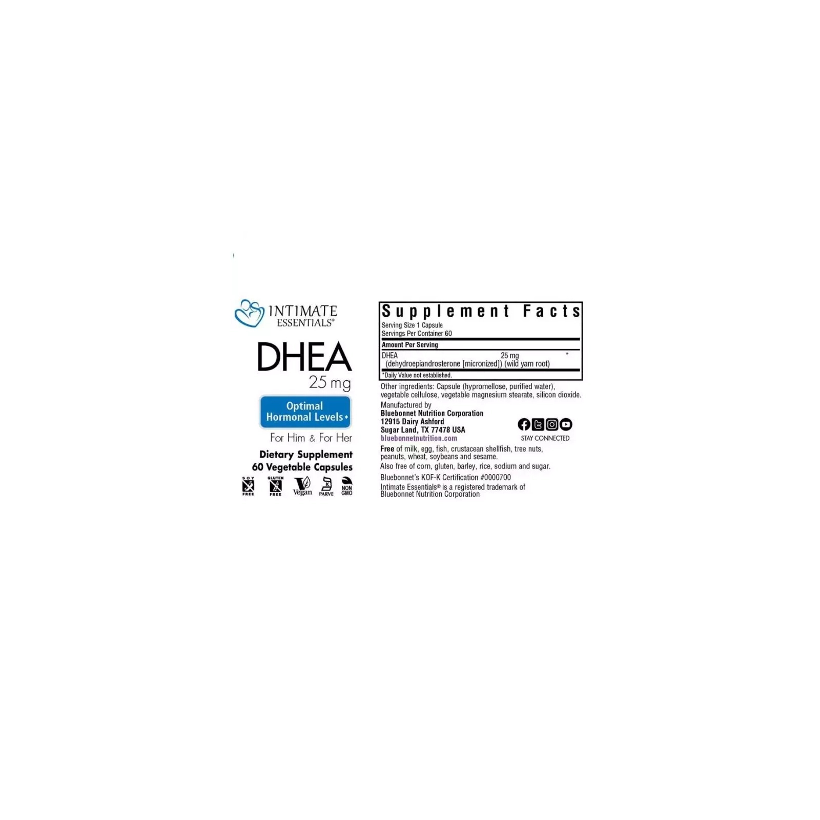 Витаминно-минеральный комплекс Bluebonnet Nutrition Дегидроэпиандростерон, 25 мг, Intimate Essenitals, DHEA, 60 вегетари (BLB4016) изображение 3