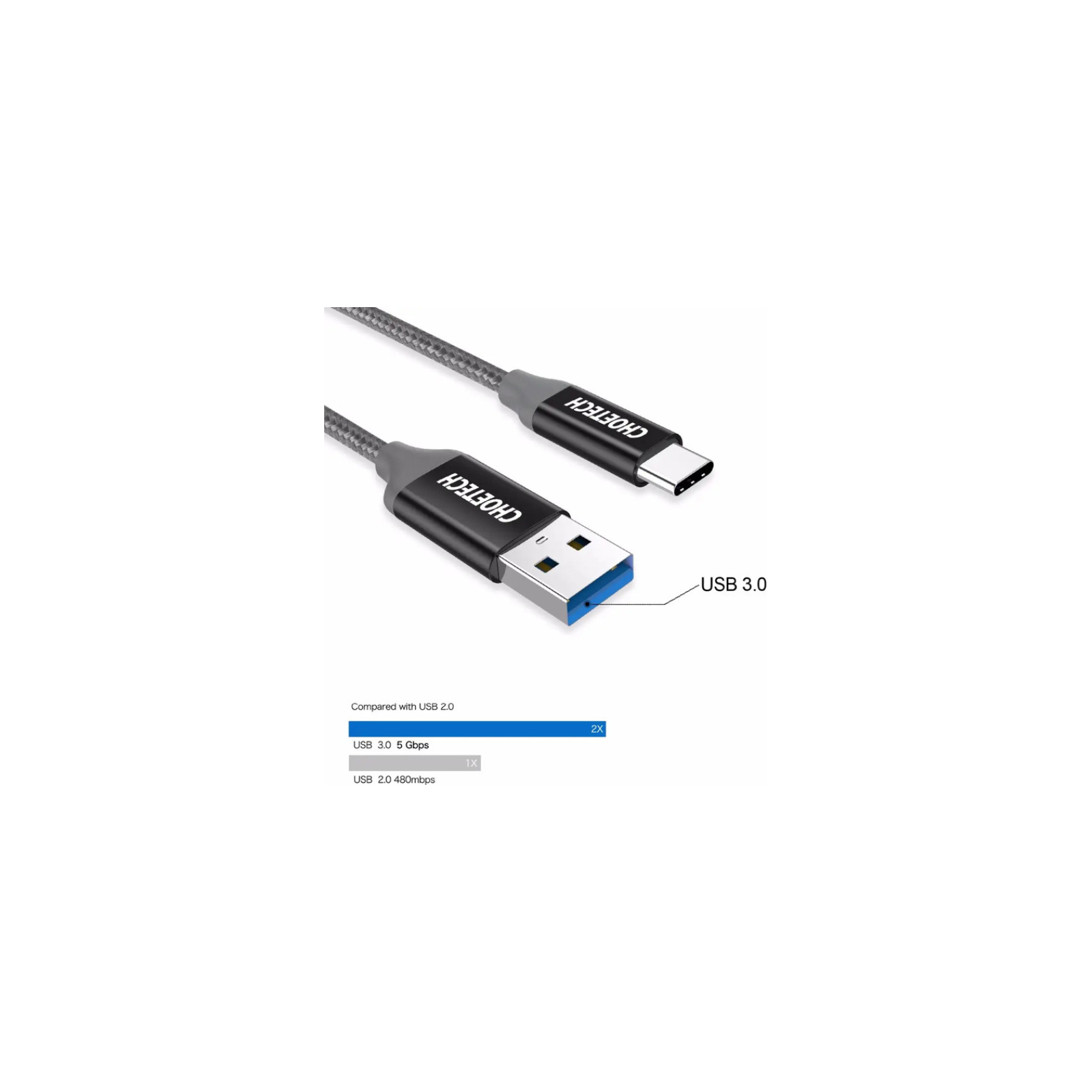 Дата кабель USB 3.0 AM to Type-C 1.0m 2.4A Choetech (AC0007) изображение 2