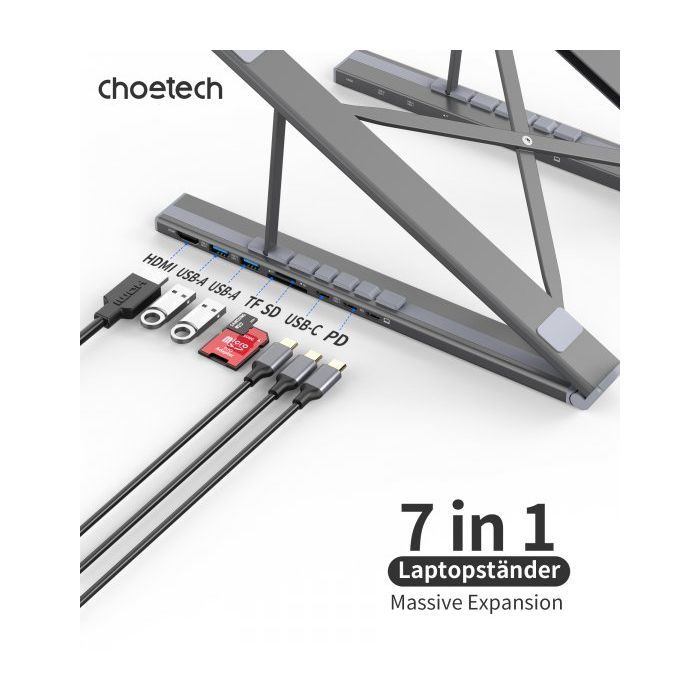 Порт-репликатор Choetech USB-C 7-in-1 (HDMI/PD/картридер/USB-A/USB-C) Docking Station (HUB-M48-GY) изображение 8
