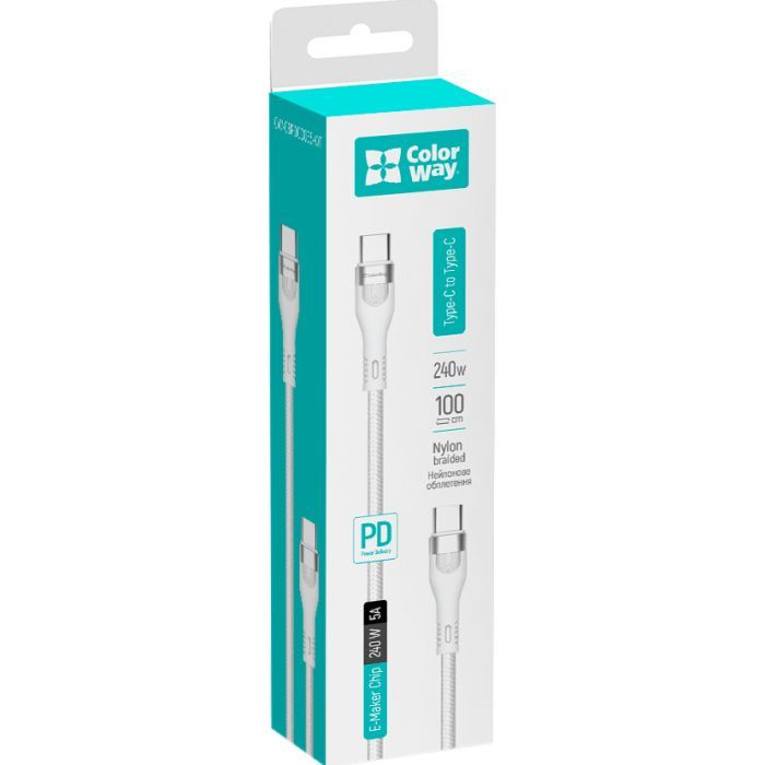 Дата кабель USB-C to USB-C 1.0m (PD Fast Charging 240W) 5А white ColorWay (CW-CBPDCC065-WT) зображення 5