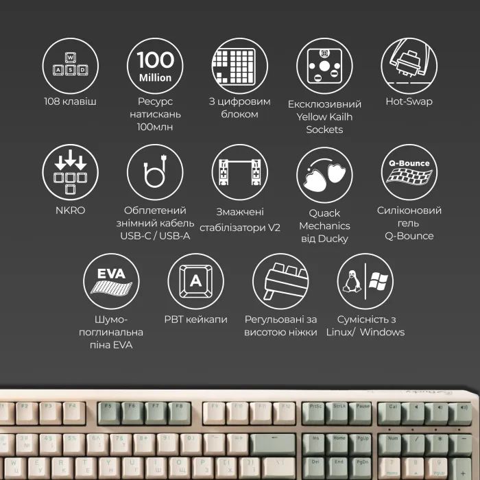 Клавиатура Ducky One 3 Cherry MX Red UA USB Cream (DKON2108-RUAPXМAEGGC1) изображение 4