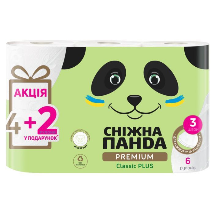 Туалетний папір Сніжна Панда Premium Classic Plus 3 шари 4 + 2 рулони (4820183972828)