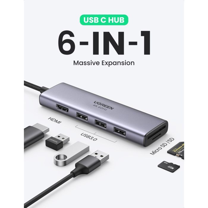 Концентратор Ugreen USB3.1 Type-C to HDMI 4K60Hz/USB 3.0х2/SD/TF/PD 100W 5-in-1 CM511 (60383) зображення 2