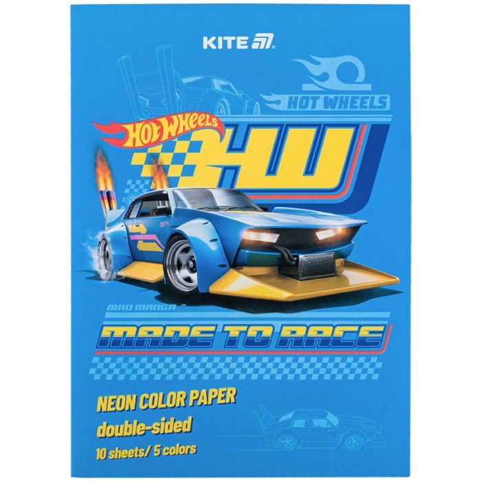 Цветная бумага Kite А4 неоновая Hot Wheels (10 листов/ 5 цветов) (HW24-252)