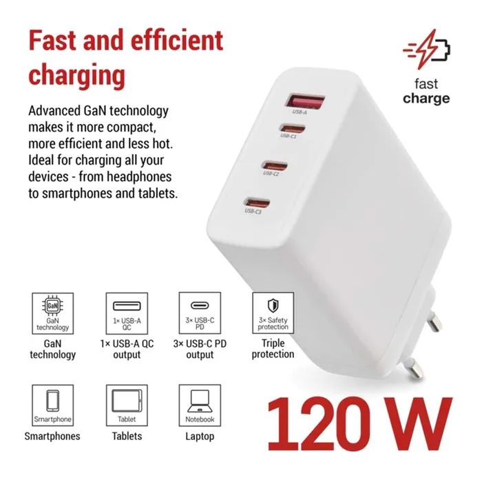 Зарядное устройство EMOS V06G120 1xUSB-A + 3xUSB-C PD120W GaN (V06G120) изображение 3