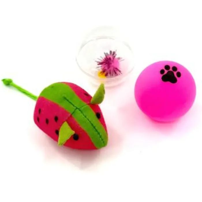 Игрушка для кошек Hippie Pet Мишка та два м'ячика, рожевий і зелений (HIPSET2303008)