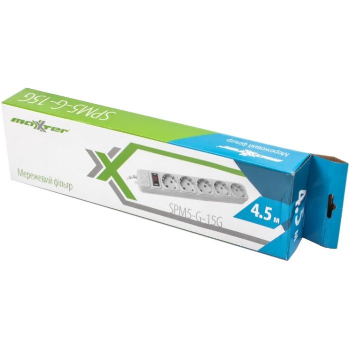 Сетевой фильтр питания Maxxter SPM5-G-15G grey, 4.5 м кабель, 5 розеток (SPM5-G-15G) изображение 2