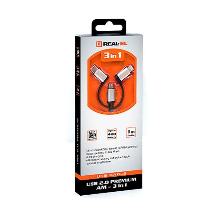 Дата кабель USB 2.0 AM to 3in1 1.0m Premium black REAL-EL (EL123500035) изображение 3