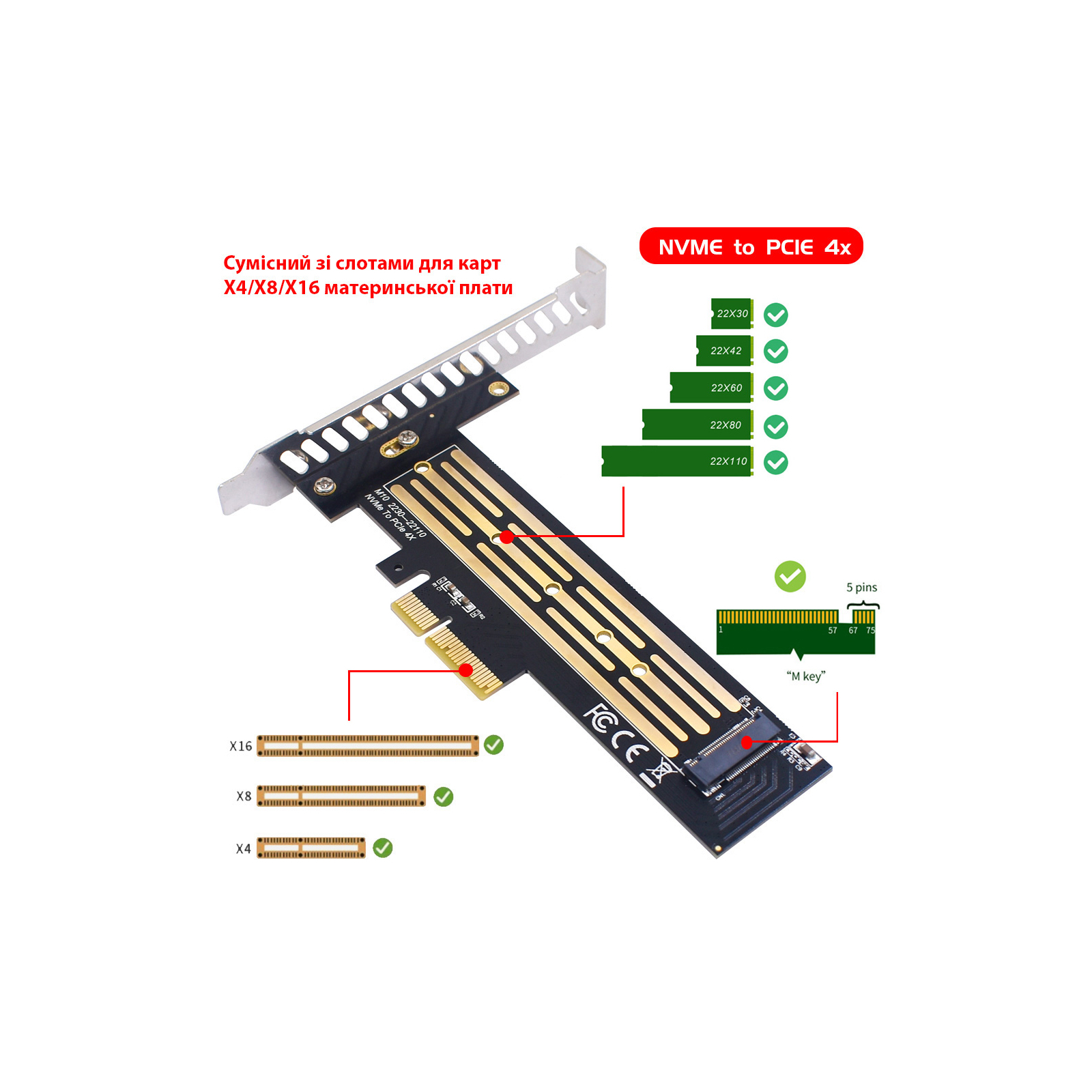 Контролер Dynamode M.2 SSD NVMe M-Key to PCI-E 3.0 x4/ x8/ x16, full profile br (PCI-Ex4- M.2 M-key) зображення 6