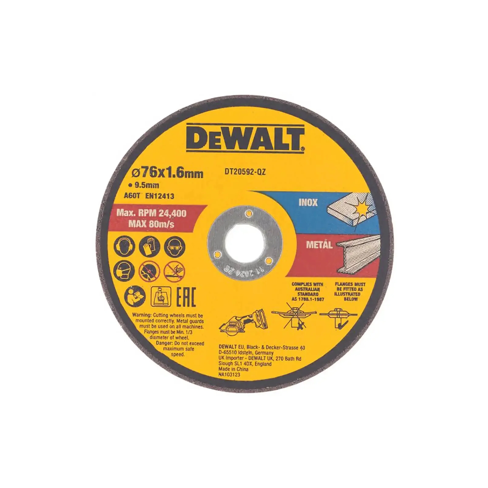 Круг відрізний DeWALT нержавіюча сталь/листовий метал, 76х1, 6х9, 5 мм. 3 шт. (DT20592)