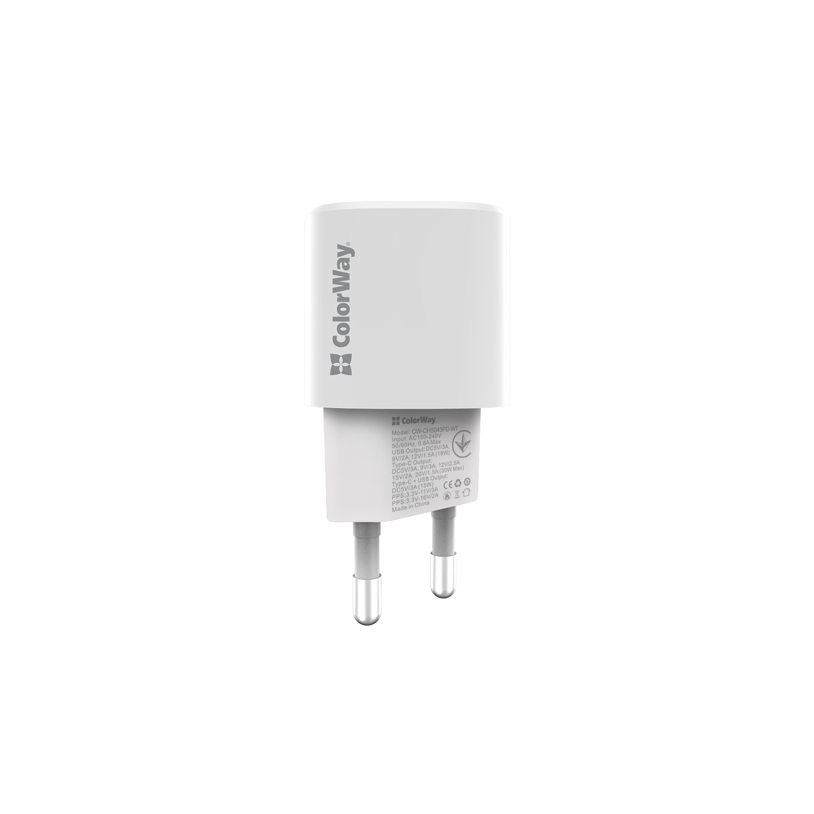 Зарядний пристрій ColorWay GaN PD Port USB PPS (Type-C PD + USB QC3.0) (33W) white (CW-CHS043PD-WT)