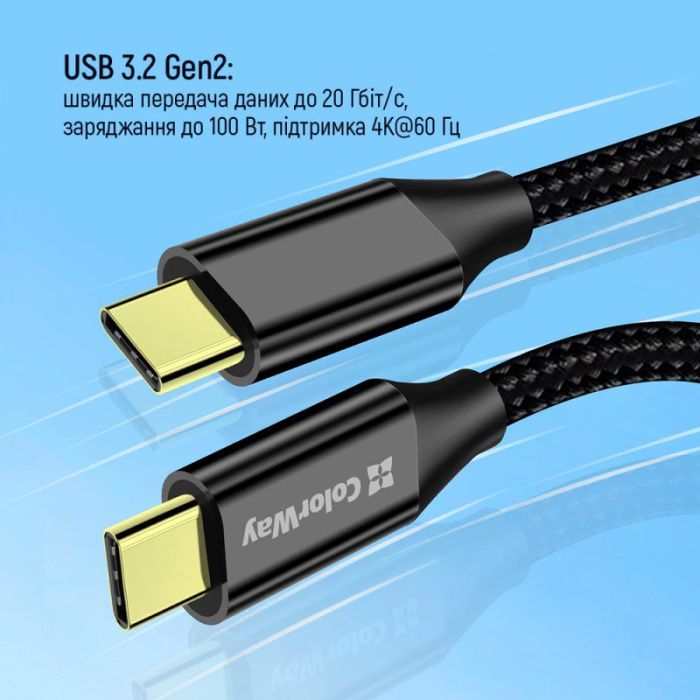 Дата кабель USB-C to USB-C 1.0m USB3.2 (20Gbps 4K PD100W) Gen2 5А black ColorWay (CW-CBPDCC062-BK) зображення 7