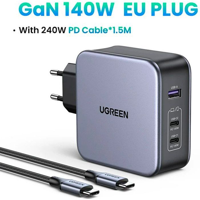 Зарядное устройство Ugreen 3xUSB 140W (2хUSB-C+USB-A) Gan CD289 with C to C Cable 1.5m (90549) изображение 3