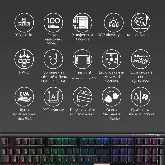 Клавиатура Ducky One 3 Cherry MX Red RGB UA USB White (DKON2108ST-RUAPXPWWWSC1) изображение 4